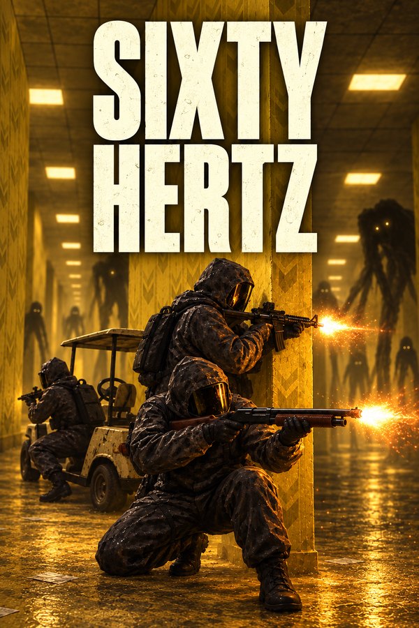 Sixty Hertz poster art: two squad members crouch and fire from cover in a yellow corridor, with a golf cart behind them.