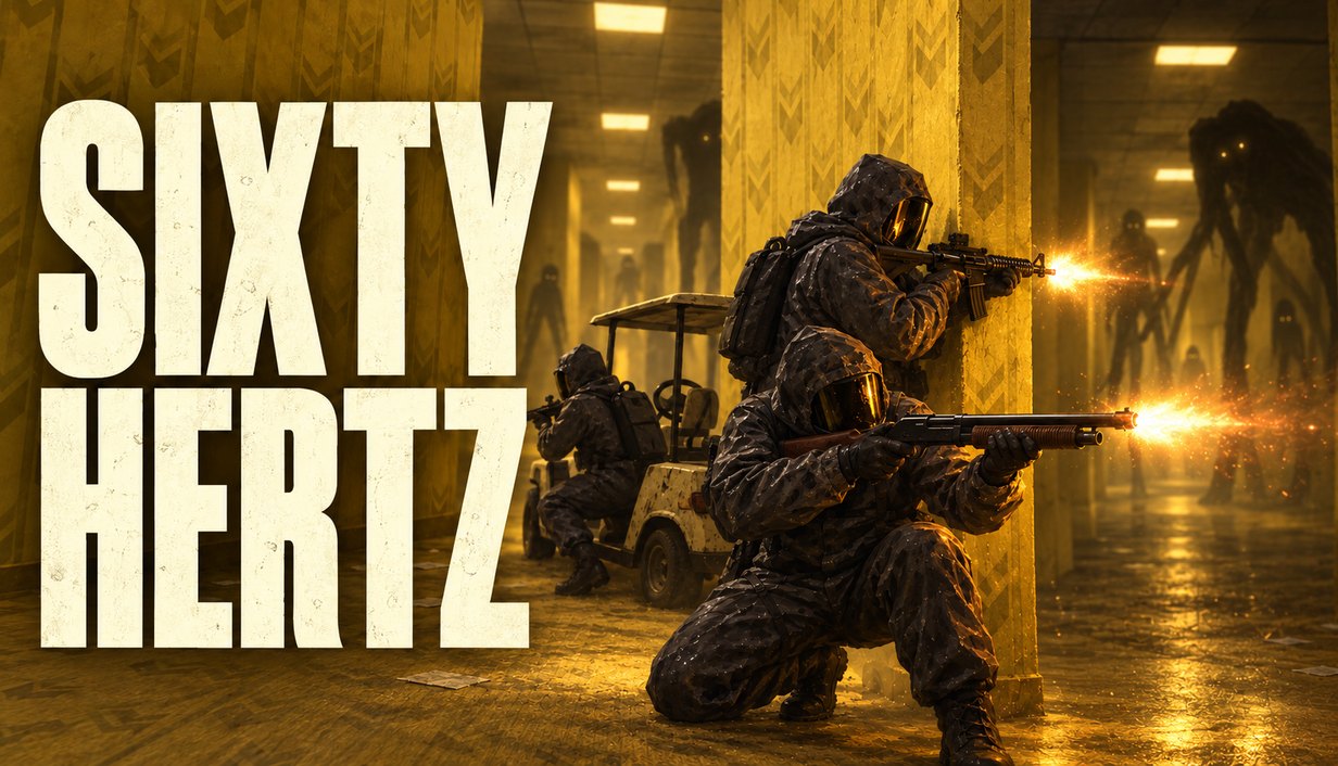 Sixty Hertz key art: a squad in dark hooded suits fires from behind a pillar in a yellow fluorescent corridor, beside a golf cart, while tall creatures loom in the distance.